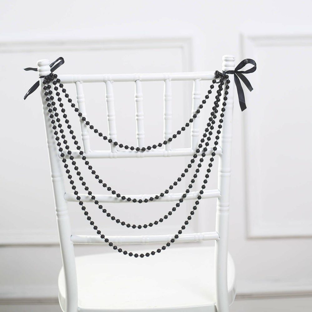 Black Gatsby Faux Pearl Beaded Wedding Chair Back Garland Sash, Pre-Tied Pearl String Chiavari Chair Decor 16″  |   Stylish Chair Sashes Black