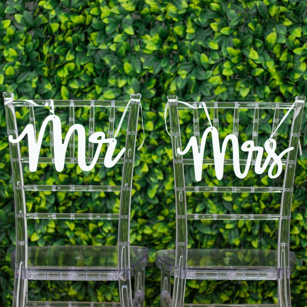 Set of 2 White Wood Mr and Mrs Chair Signs, Wedding Photo Booth Props, Calligraphy Wall Hanging Decor 12″x6″  |   Stylish Chair Sashes Mr & Mrs Sign