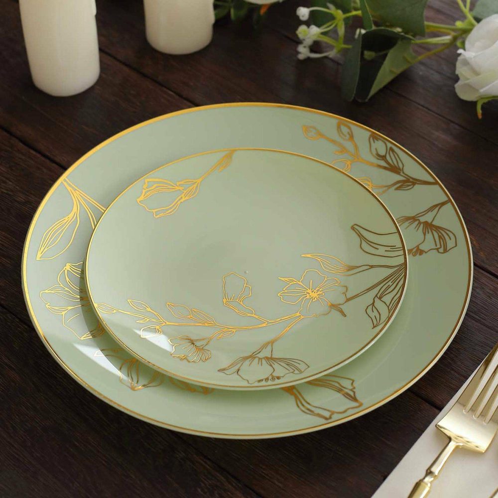 Set of 20 Sage Green Plastic Party Plates With Metallic Gold Floral Design, Disposable Round Dinner and Dessert Plates – 10″ / 7″  |   Disposable Dinner Plates Disposable Dinner Plates Disposable Dinner Plates