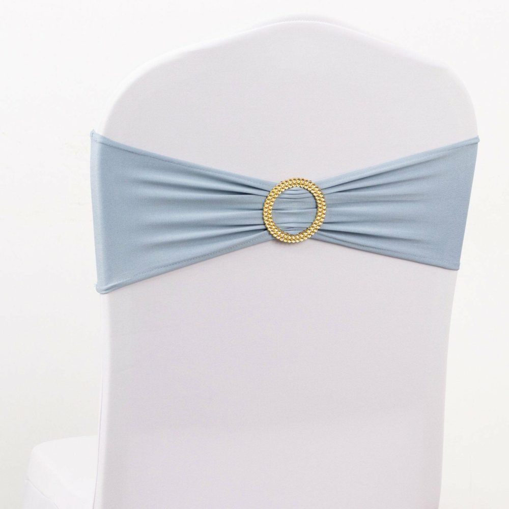 5 Pack Dusty Blue Spandex Chair Sashes with Gold Rhinestone Buckles, Elegant Stretch Chair Bands and Slide On Brooch Set 5″x14″  |   Spandex Fitted Chair Sashes Dusty Blue