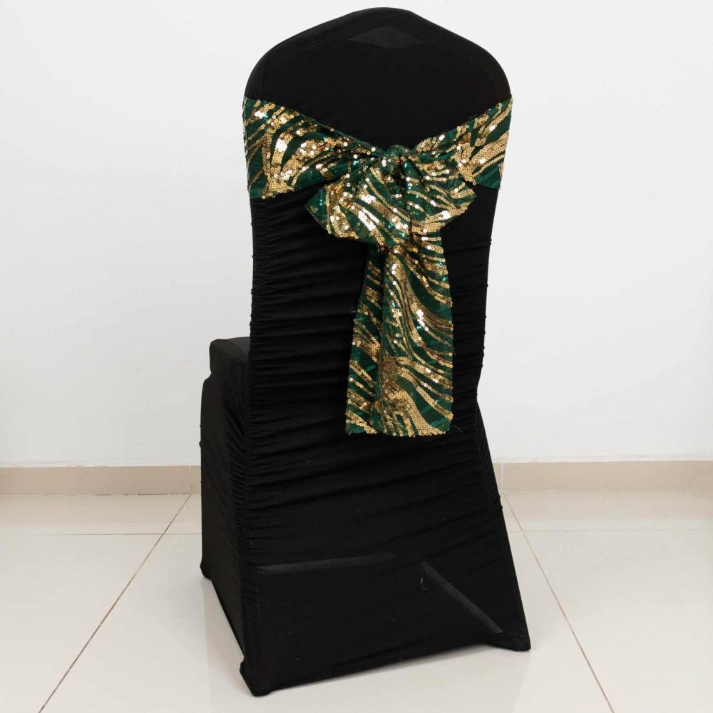 5 Pack Hunter Emerald Green Wave Mesh Chair Sashes With Gold Embroidered Sequins – 6″x88″  |   Glittering Sequin Chair Sashes Glittering Sequin