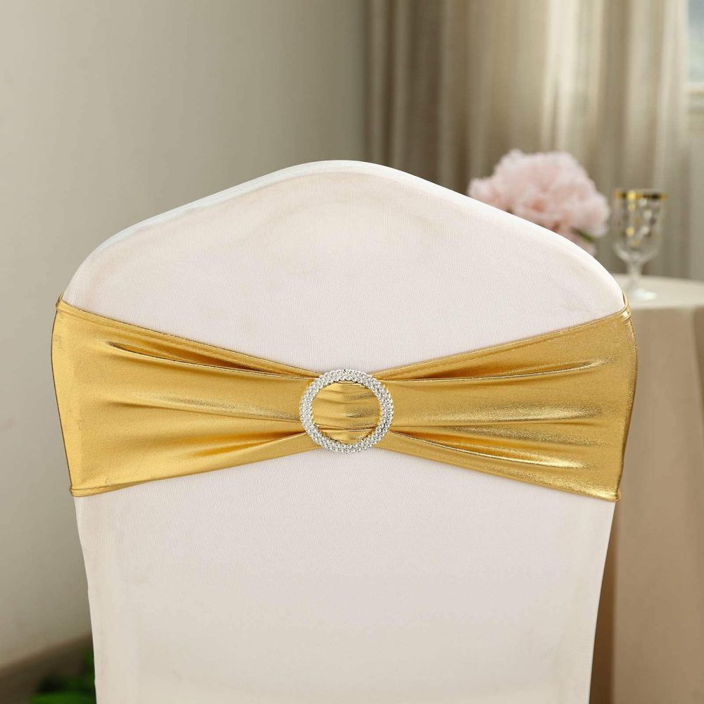 5 Pack Metallic Gold Spandex Chair Sashes With Attached Round Diamond Buckles  |   Spandex Fitted Chair Sashes Gold