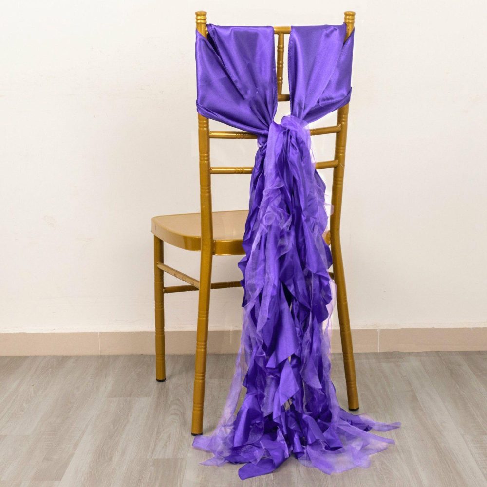 5 Pack Purple Curly Willow Chiffon Satin Chair Sashes  |   Satin & Taffeta Chair Sashes Purple