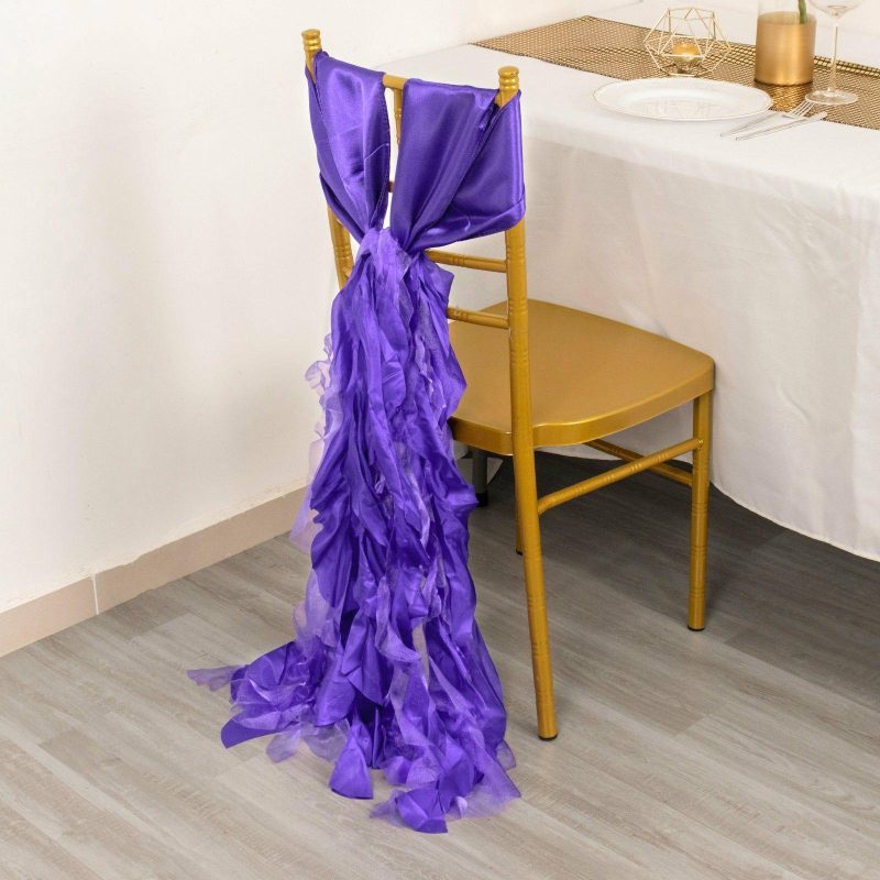 5 Pack Purple Curly Willow Chiffon Satin Chair Sashes  |   Satin & Taffeta Chair Sashes Purple