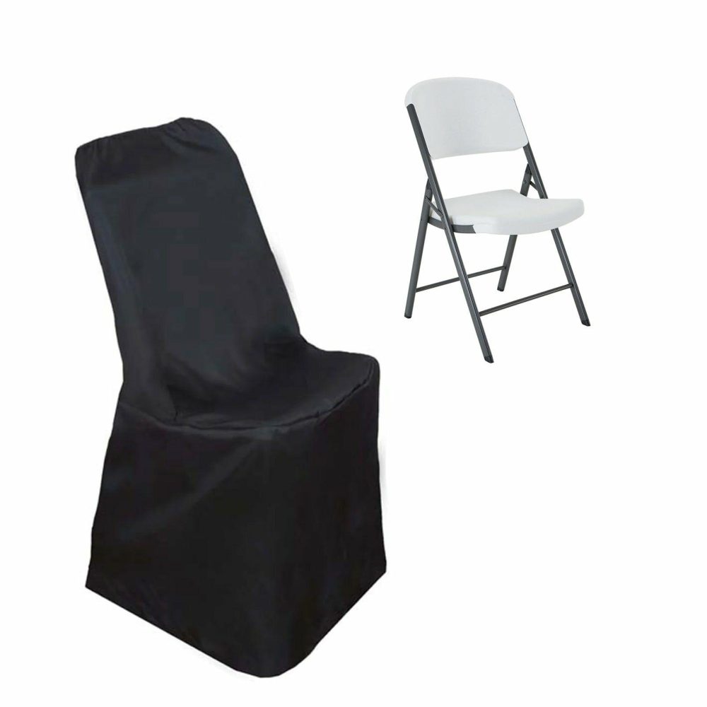 Black Polyester Lifetime Folding Chair Covers, Durable Reusable Slip On Chair Covers  |   Polyester & Satin Folding Chair Covers Black