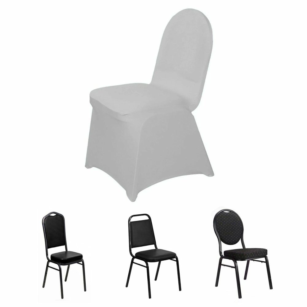 Silver Spandex Stretch Fitted Banquet Slip On Chair Cover 160 GSM  |   Spandex Fitted Banquet Chair Covers Silver